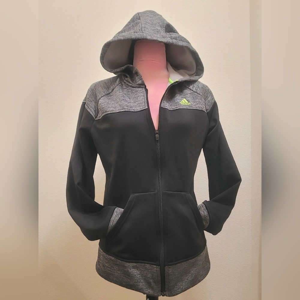 Adidas Black and Gray Zip Hoodie with Neon Green Logo Sz Medium